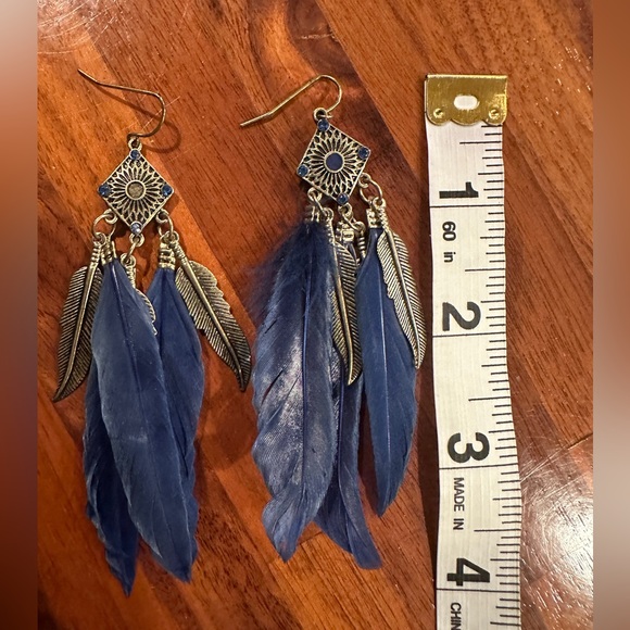 Blue Feather Long Dangle Earrings - Picture 4 of 4